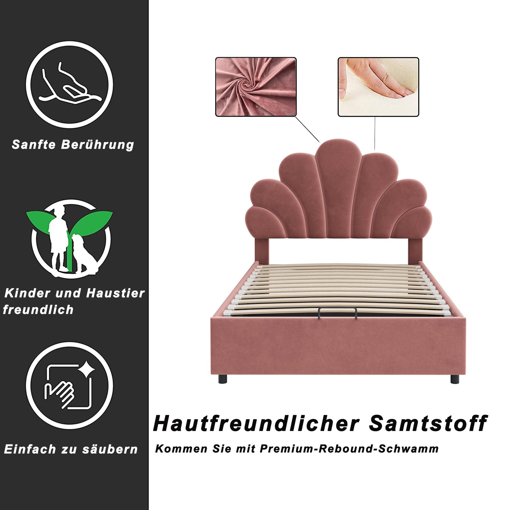 Upholstered Children's Bed 90x200cm Floral Headboard Hydraulic Storage Velvet Pink