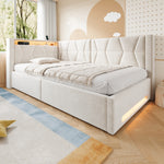 Upholstered Bed 90x200 with Storage & LED Lighting, Beige Velvet