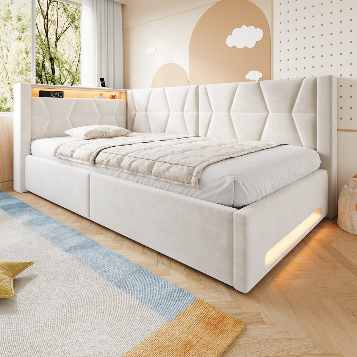 Upholstered Bed 90x200 with Storage & LED Lighting, Beige Velvet