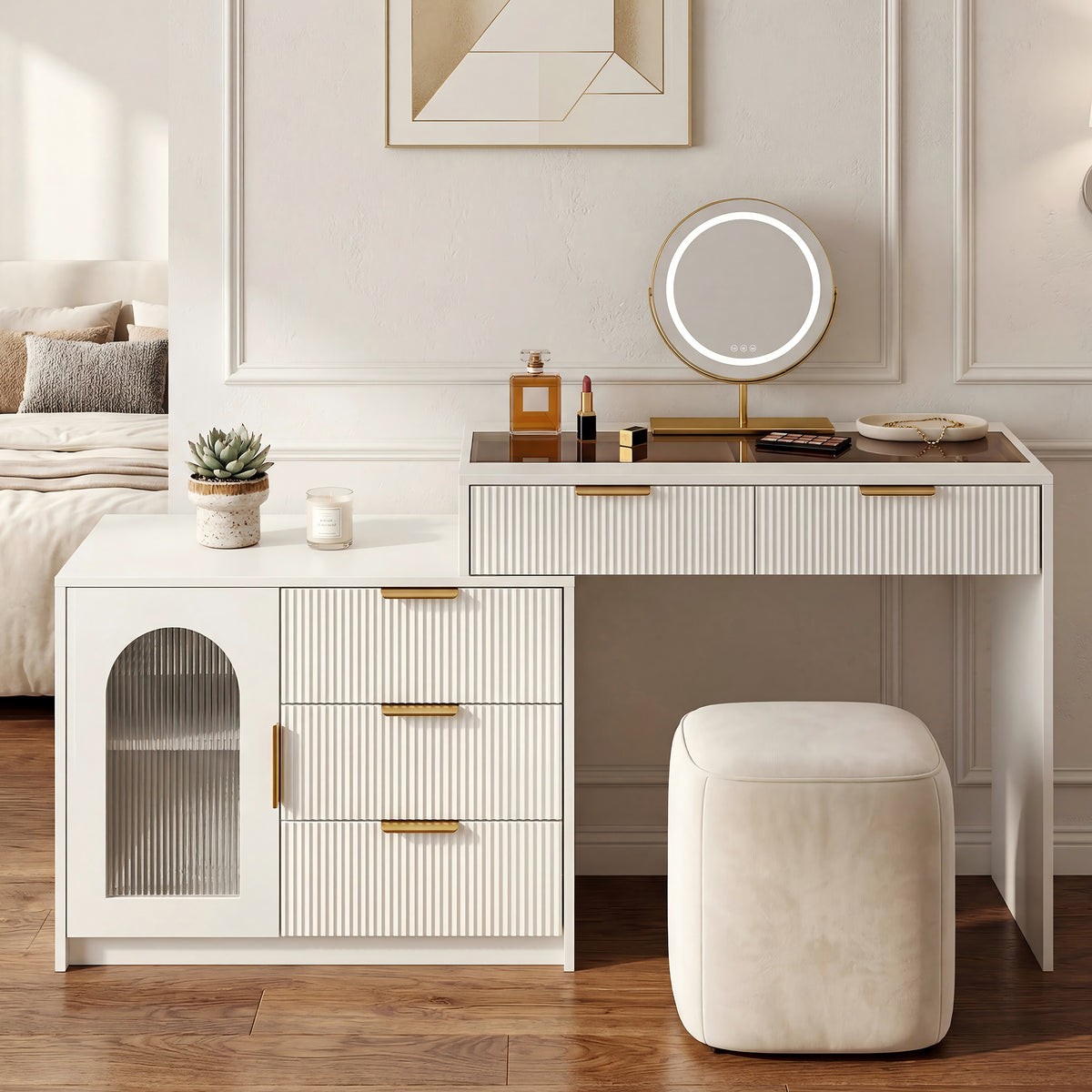 Modern Dressing Table with LED Mirror & Glass Top, White
