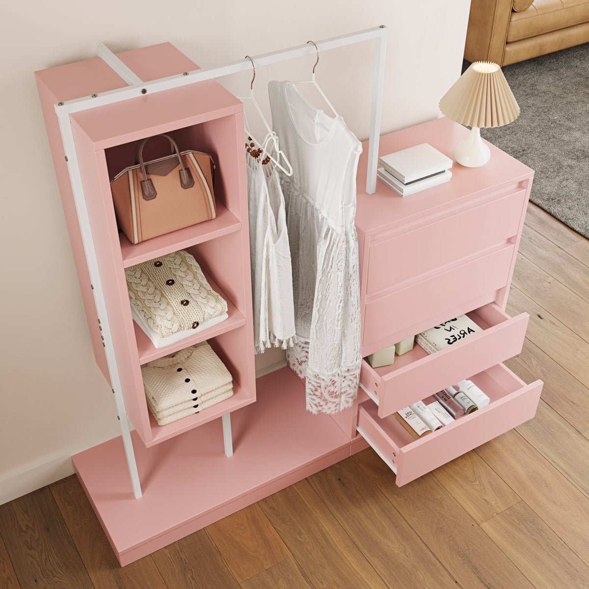 Drawer Cabinet Wardrobe Set, Sideboard Clothes Rail W140/W40/H135, Pink