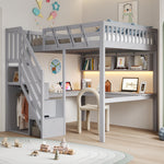 Solid Wood Loft Bed 140x200 with Desk, Storage & LED, Grey