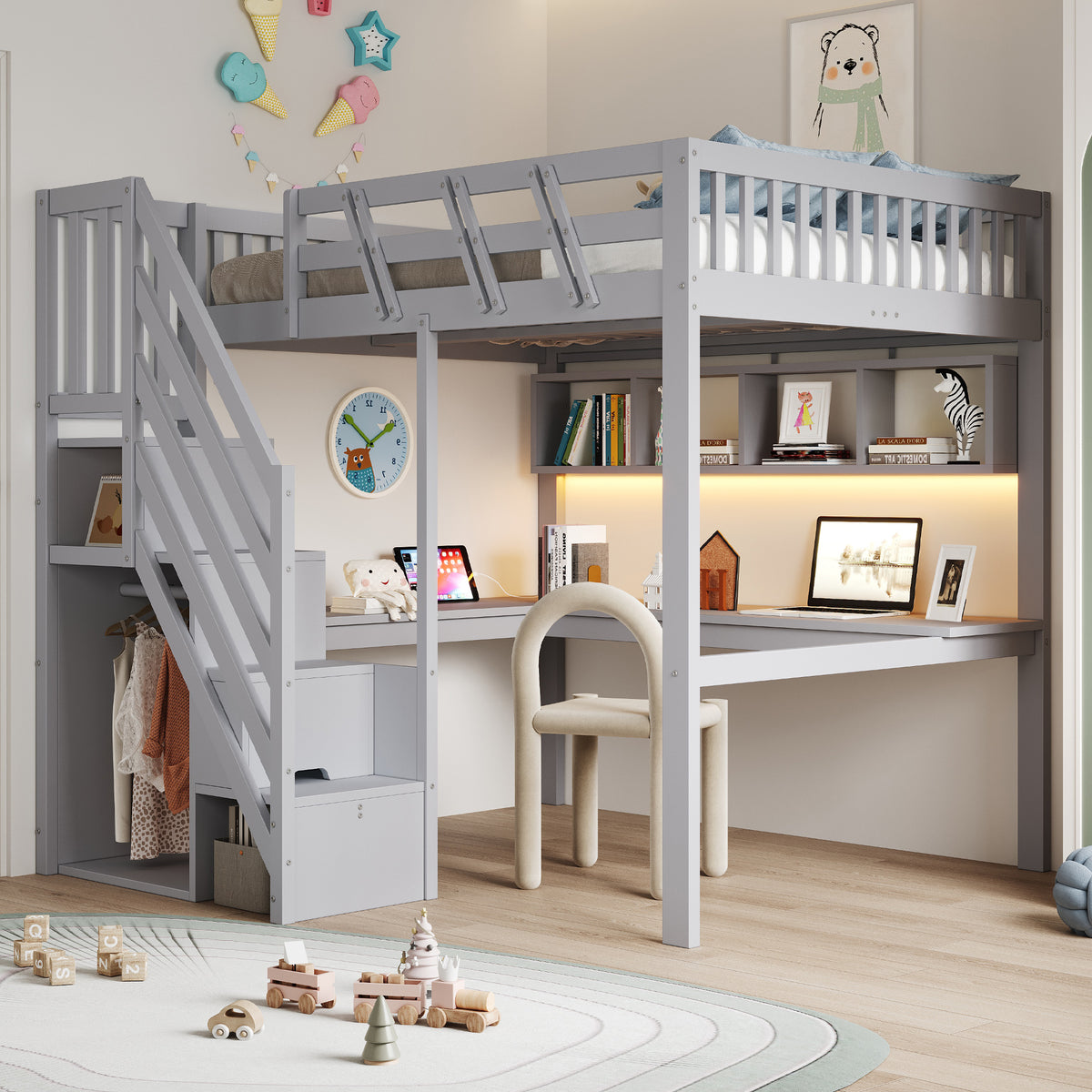 Solid Wood Loft Bed 140x200 with Desk, Storage & LED, Grey