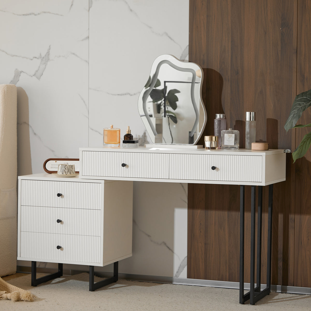 Dressing Table Set with 3-Color LED Mirror & Extendable Tabletop