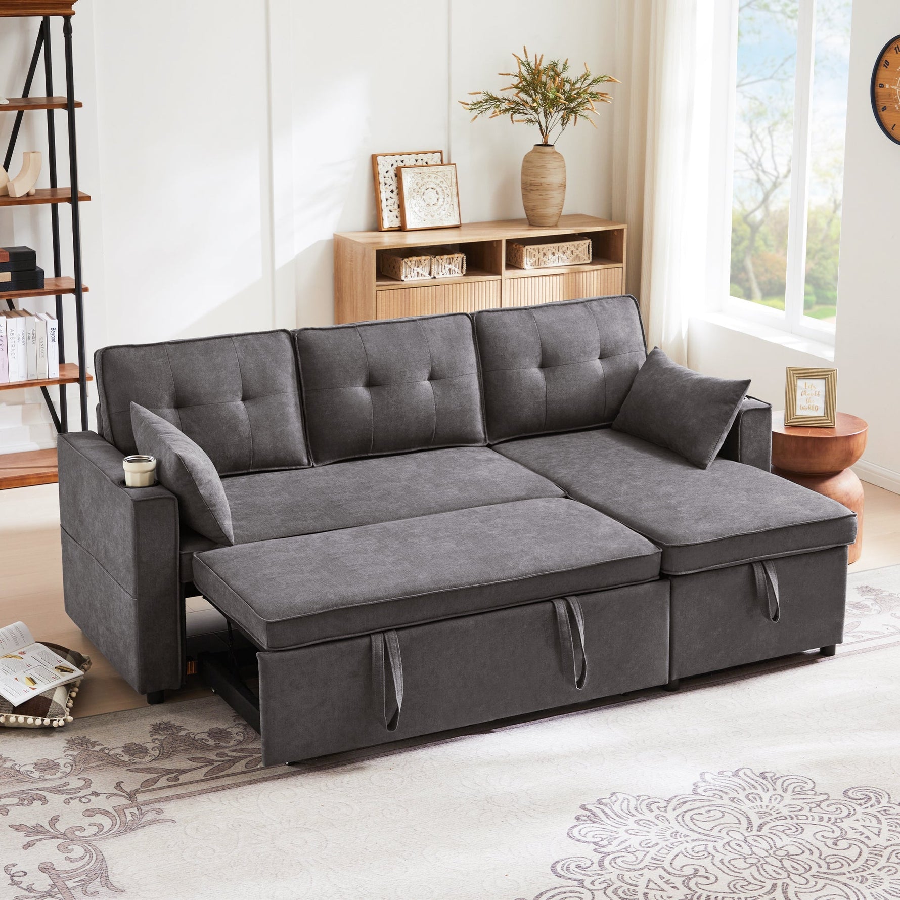 Sofa Bed L-Shaped Sleeping Function Storage Cup Holder Interchangeable Upholstered