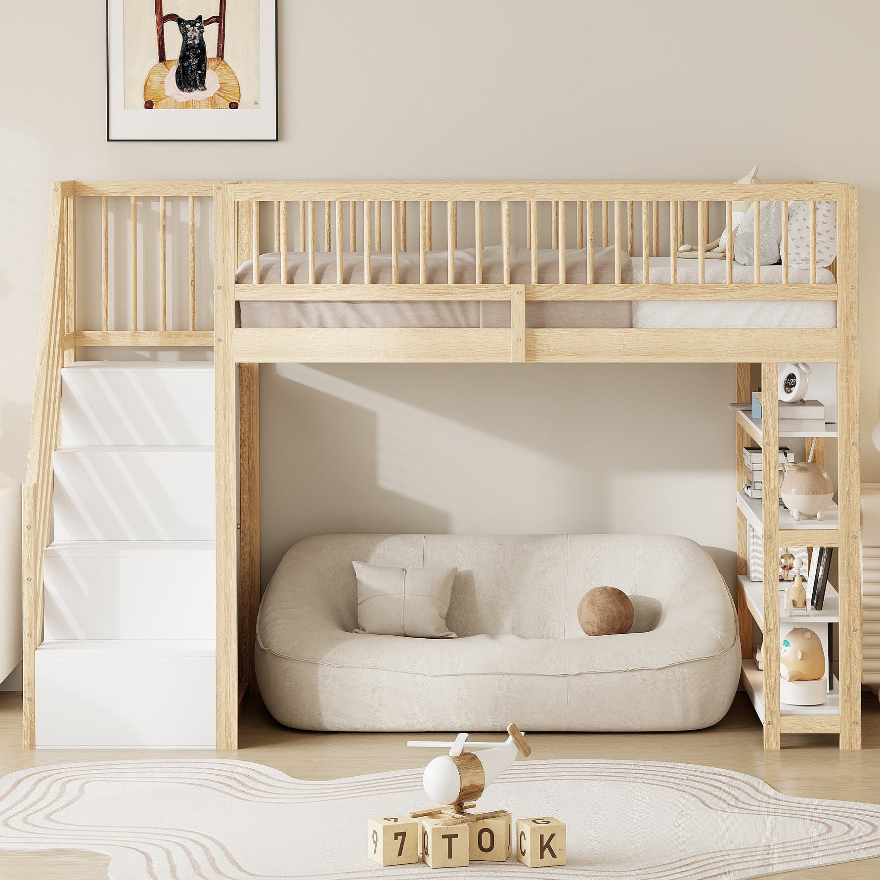 Loft Bed 90x200 High Fence Safety Design Storage Wardrobe, Solid Wood Color