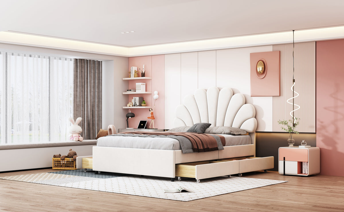 Upholstered Bed, 140x200cm Flower Headboard, Storage, Velvet Beige