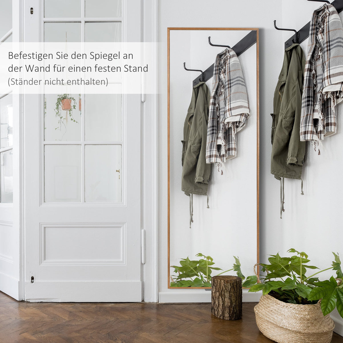 Full Length Wall Mirror, 125x45cm, Wooden Frame in Natural