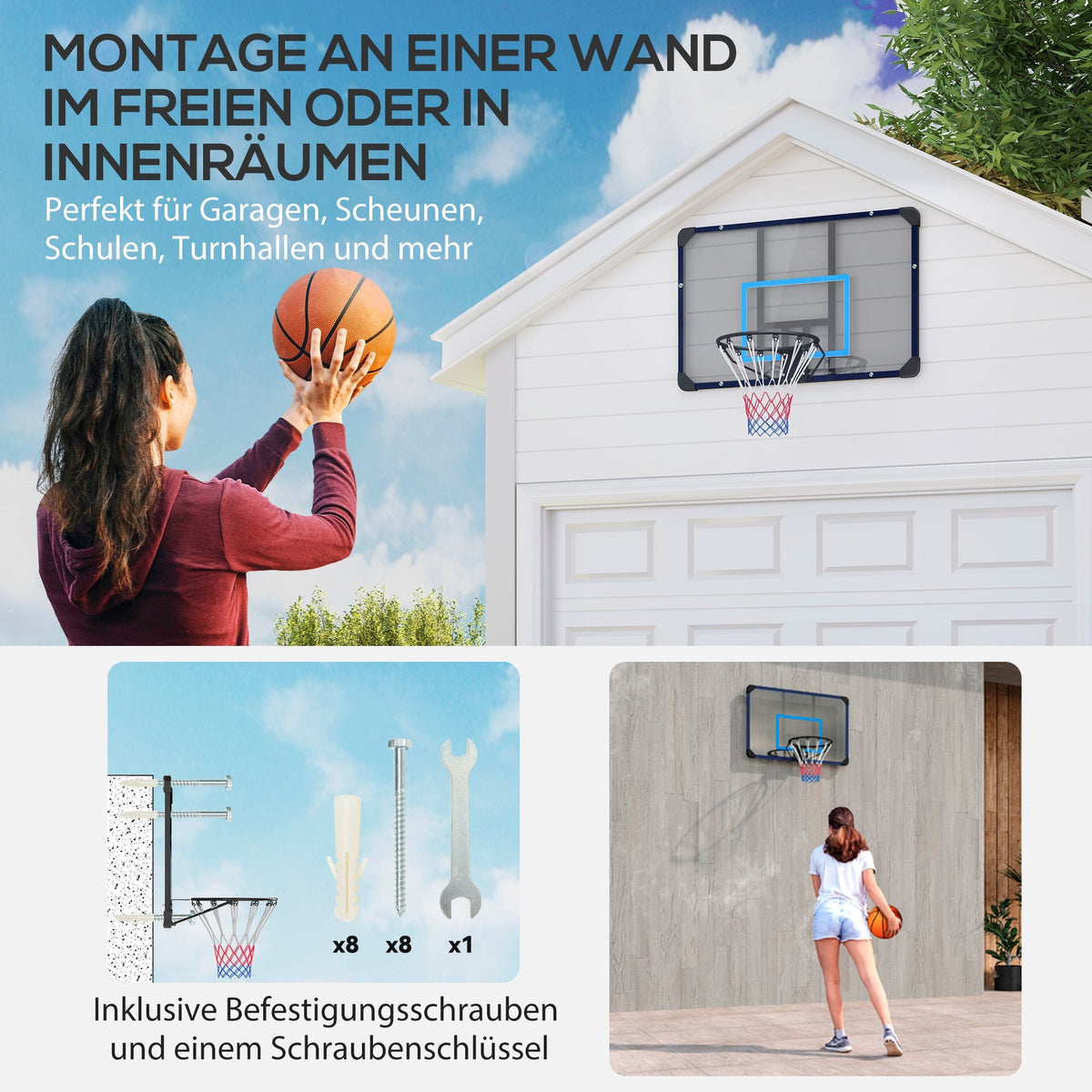 Basketball Hoop Wall Mounted Backboard with Net, Steel