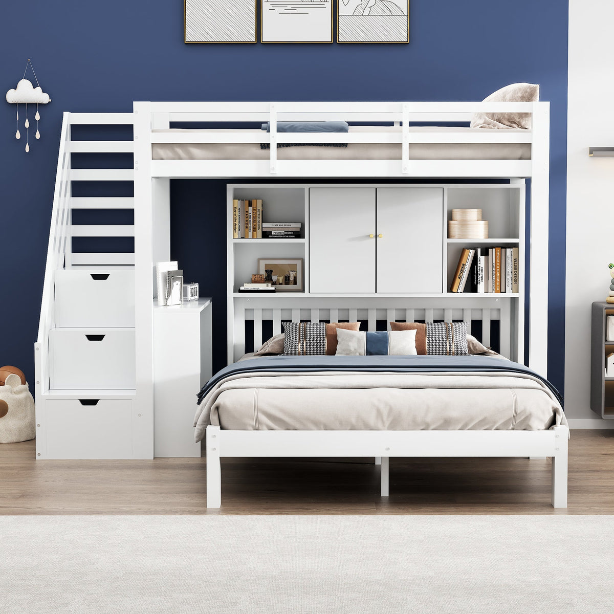 Children's Bunk Bed with Storage Stairs and Movable Side Table, 90x200cm and 140x200cm, White