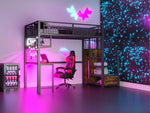 Metal Loft Bed 90x200cm Storage Ladder Wardrobe Desk Light & USB - Black