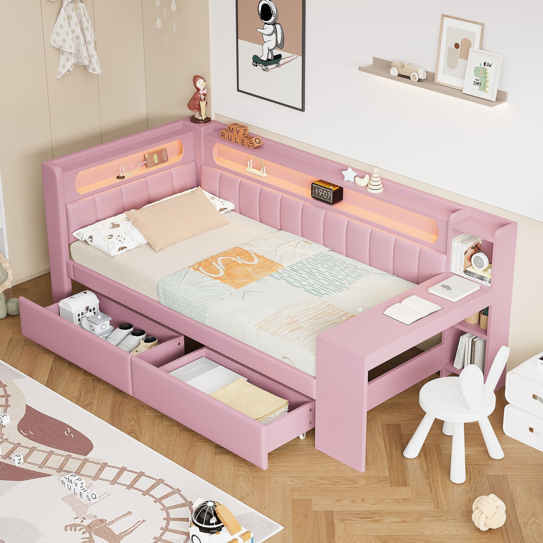 Upholstered Daybed 90x200cm USB LED Desk 2 Drawers - Pink