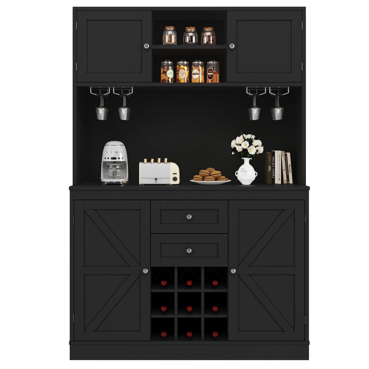 Tall Kitchen Buffet Cabinet with Adjustable Shelves, Wine Rack, 4 Doors & 2 Drawers - Black
