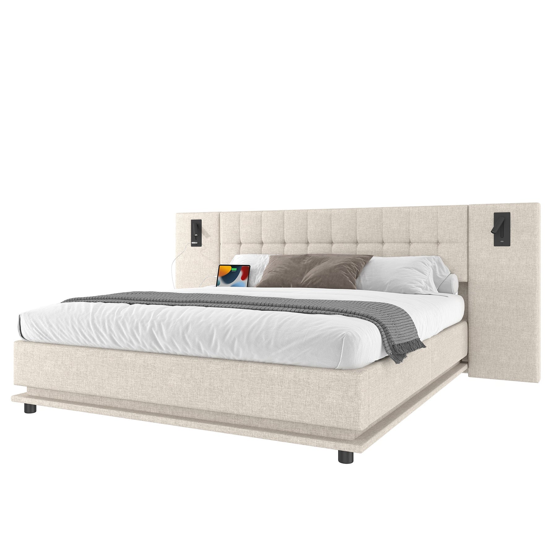 Upholstered Bed 180x200cm LED Headboard Spotlight USB - Linen Beige
