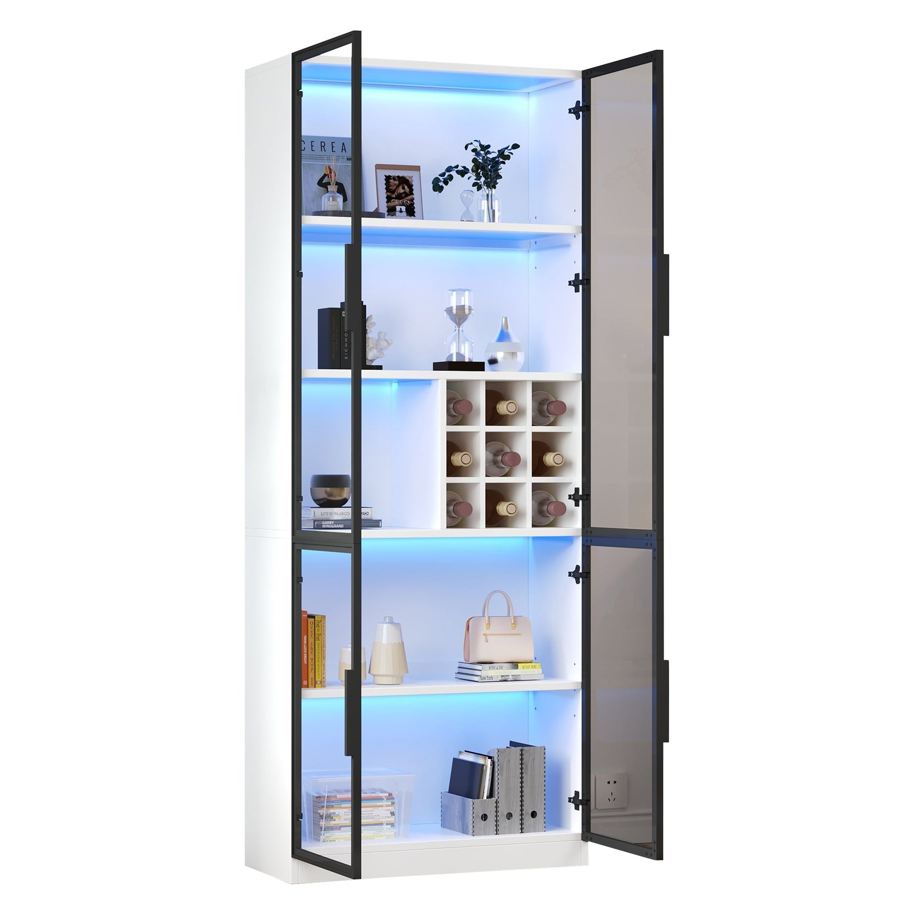 Display Cabinet 80x35x200cm Tall Cabinet Bookcase Wine Rack with Double Doors, Glass/LED