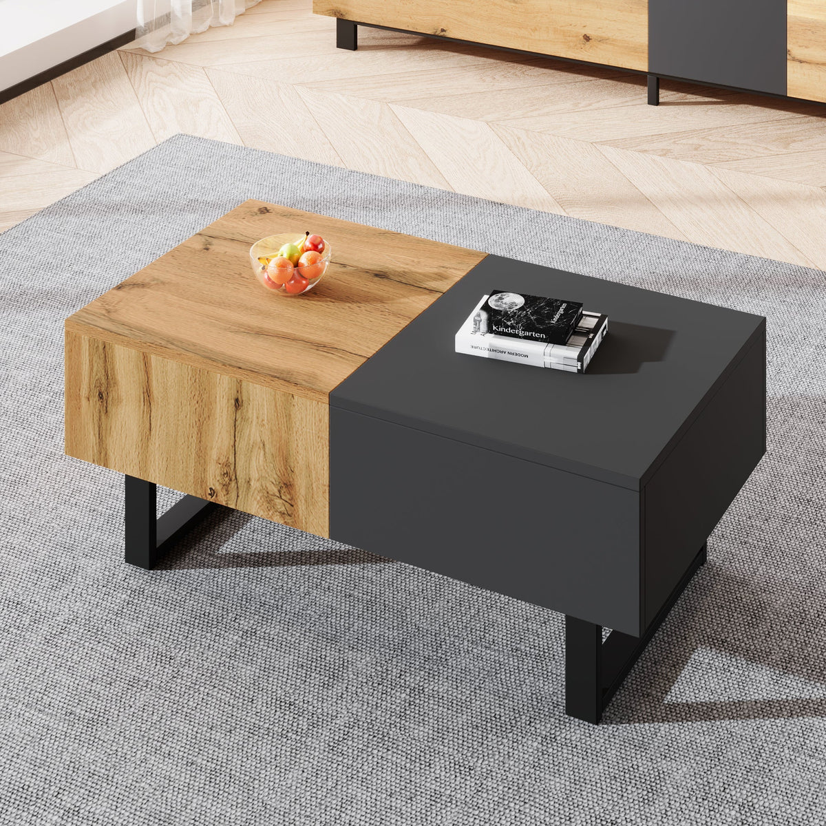 Multifunctional Modern Sliding Coffee Table with Hidden Storage, Wood and Metal