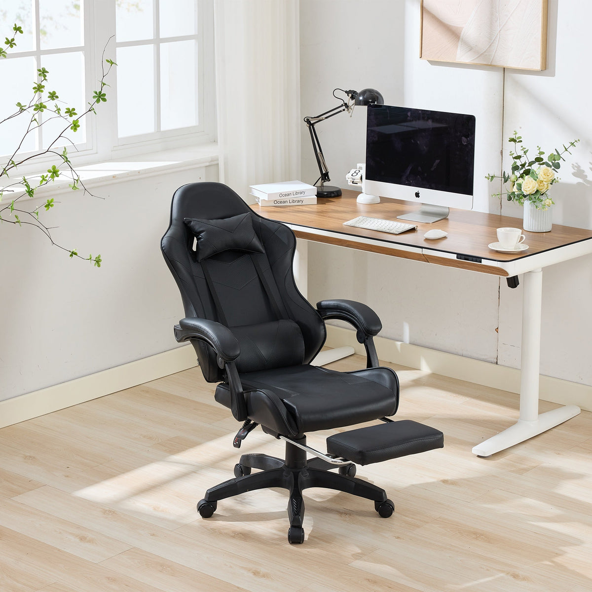 Gaming Chair Ergonomic Racing High-Back Swivel Adjustable Footrest Headrest Lumbar Support Leather Black
