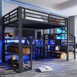 Loft Bed with Desk, LED Light Strip and Storage Staircase, 140 x 200 cm, Black Iron Frame