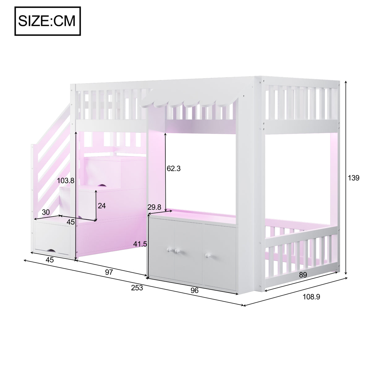 Wooden Loft Bed 90x200cm with Wardrobe & Storage Stairs, White