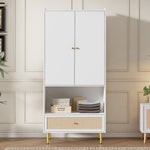Wardrobe with 2 Doors, Rattan Drawer and Clothes Rail, White