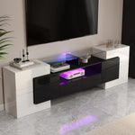 TV Cabinet Low Panel 200 cm LED Lighting High-Gloss White/Black with Glass Surface