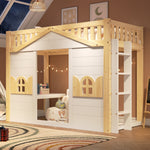 House Bunk Bed 90x200cm Loft Bed with Window, White & Natural Wood