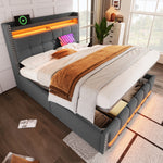 Upholstered Bed 160x200cm with LED & Storage, Grey Linen