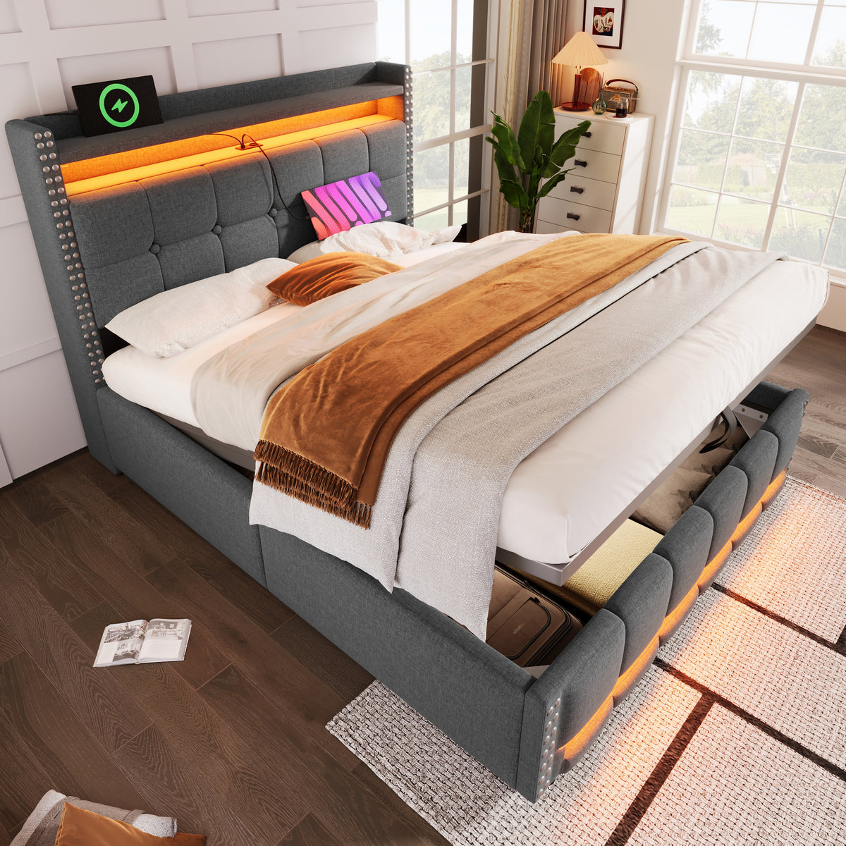 Upholstered Bed 160x200cm with LED & Storage, Grey Linen