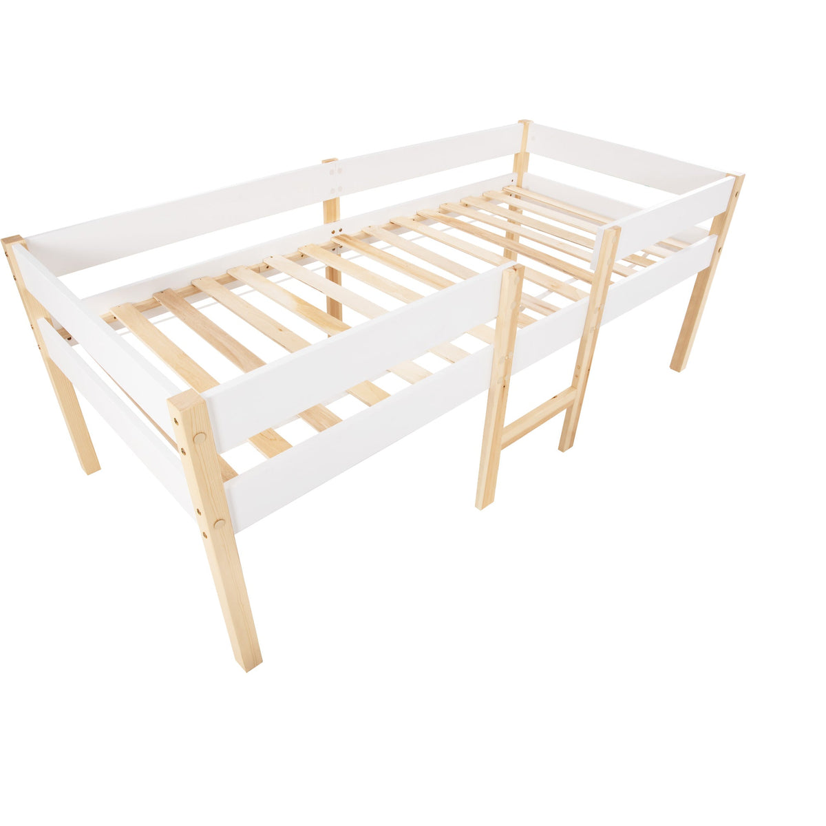 Children's bed with fall protection, 90x200 cm, solid pine wood, white & oak