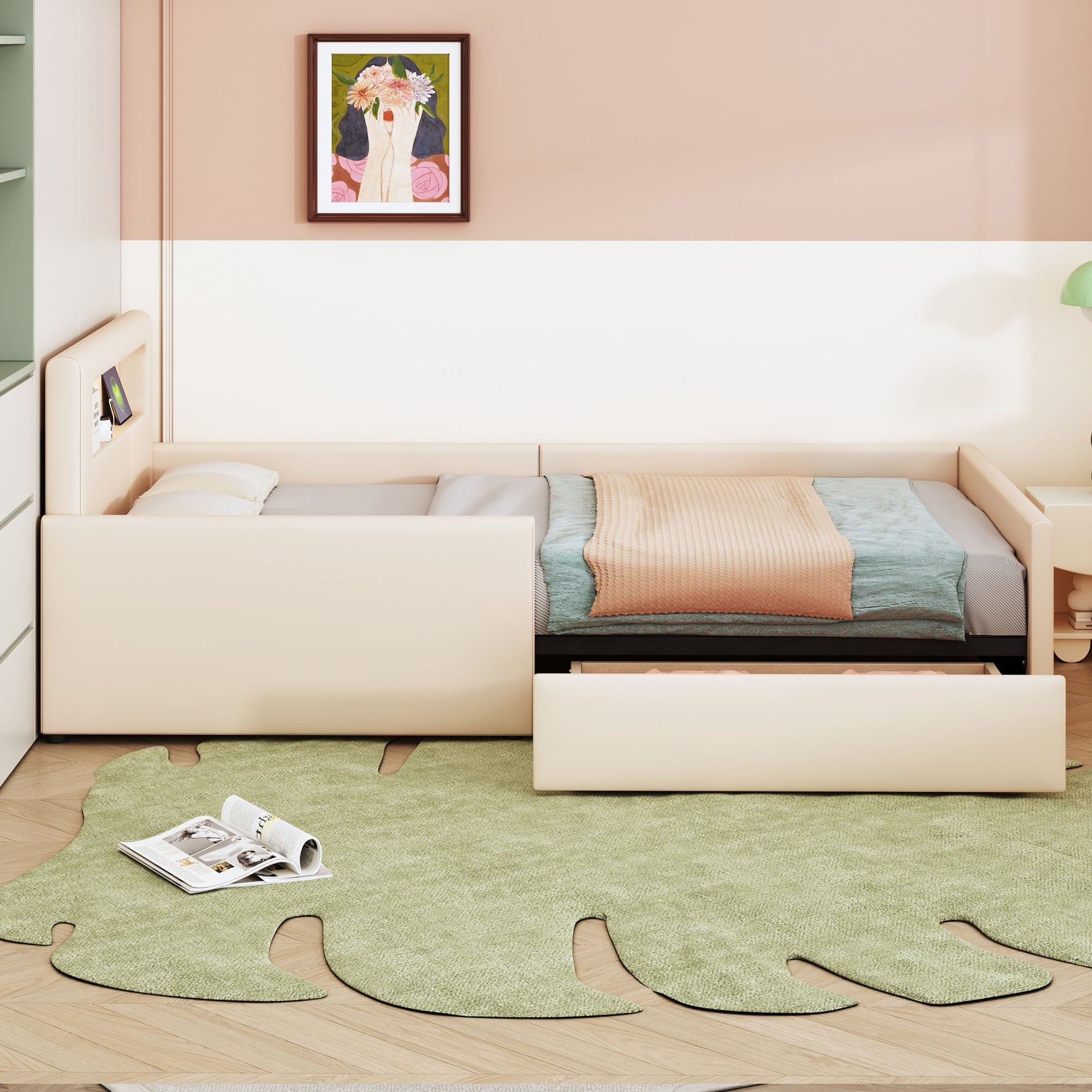 Upholstered Children's Bed 90x200cm Night Light USB Storage Safety Faux Leather Beige