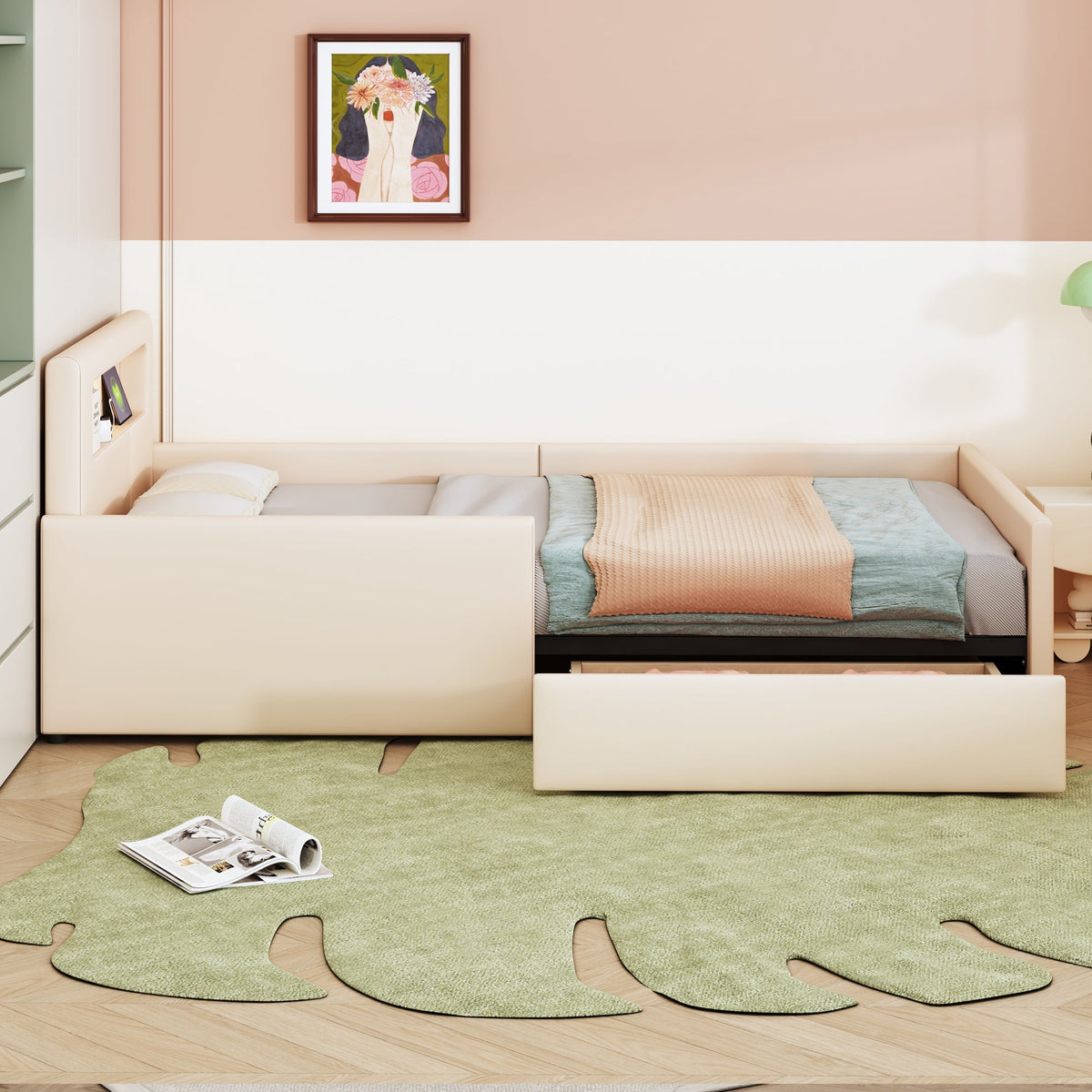 N623P195760A Upholstered Bed with LED Lighting and USB Charging, 140x200cm, Beige Velvet
