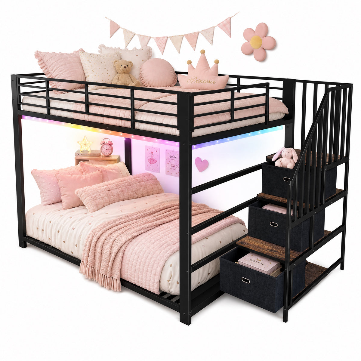 Metal Bunk Bed 140x200cm with Storage Stairs & LED Light, Black