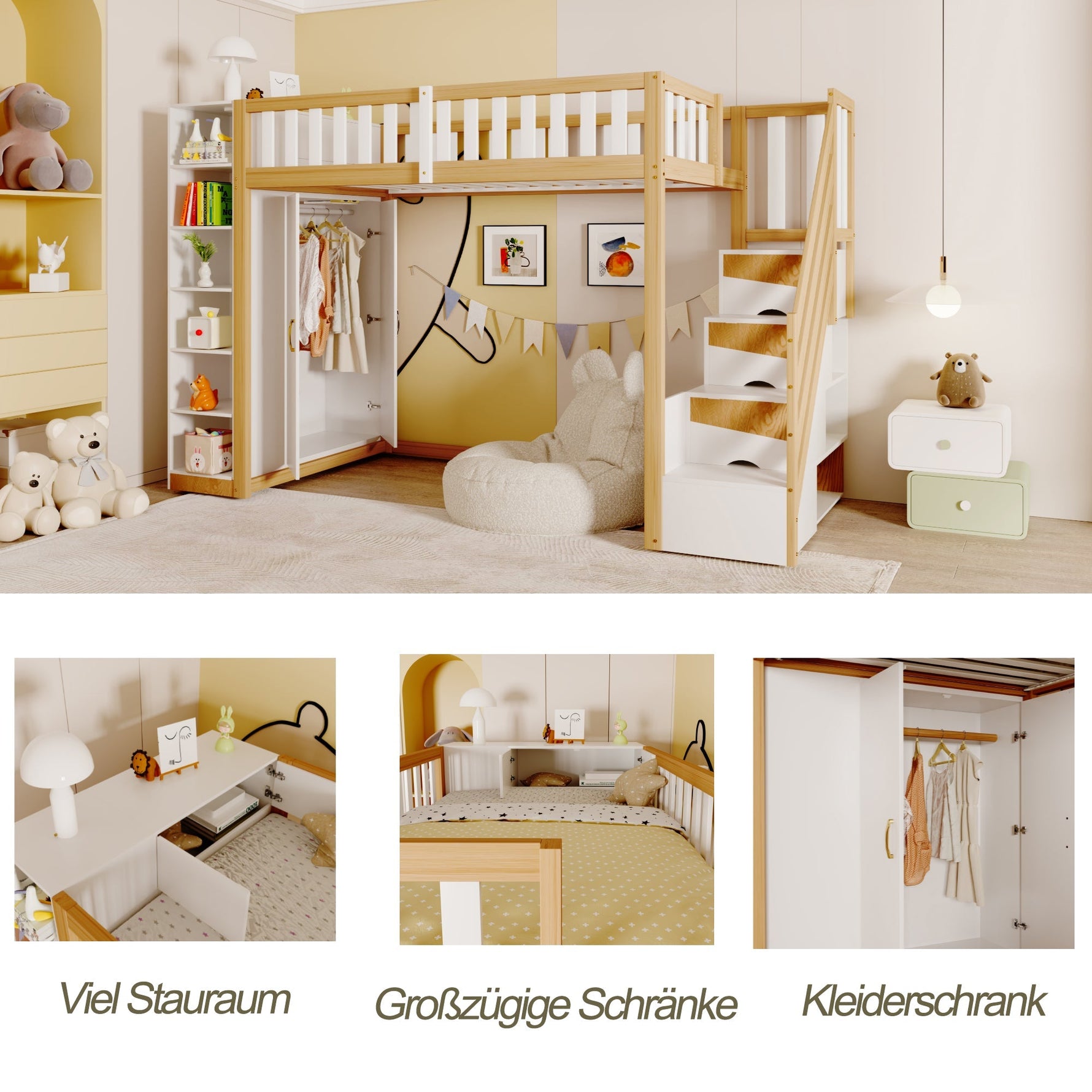 Loft Bed 90x200cm Storage Wardrobe Ladder - White + Raw Wood Finish