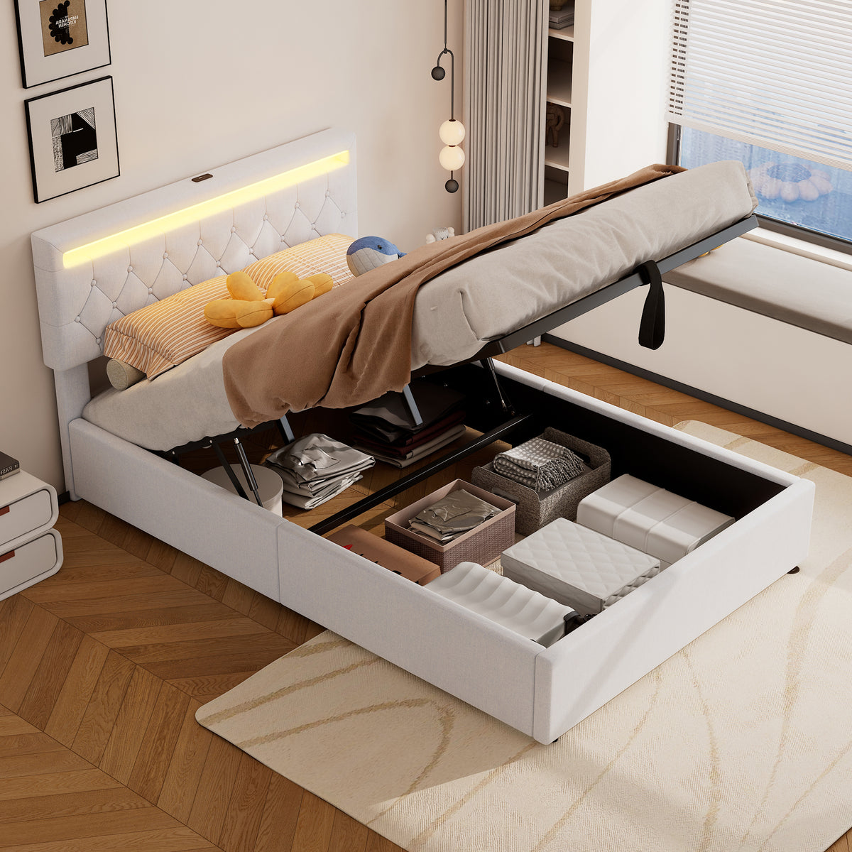 Upholstered Flat Bed 140x200cm with Storage & USB - White