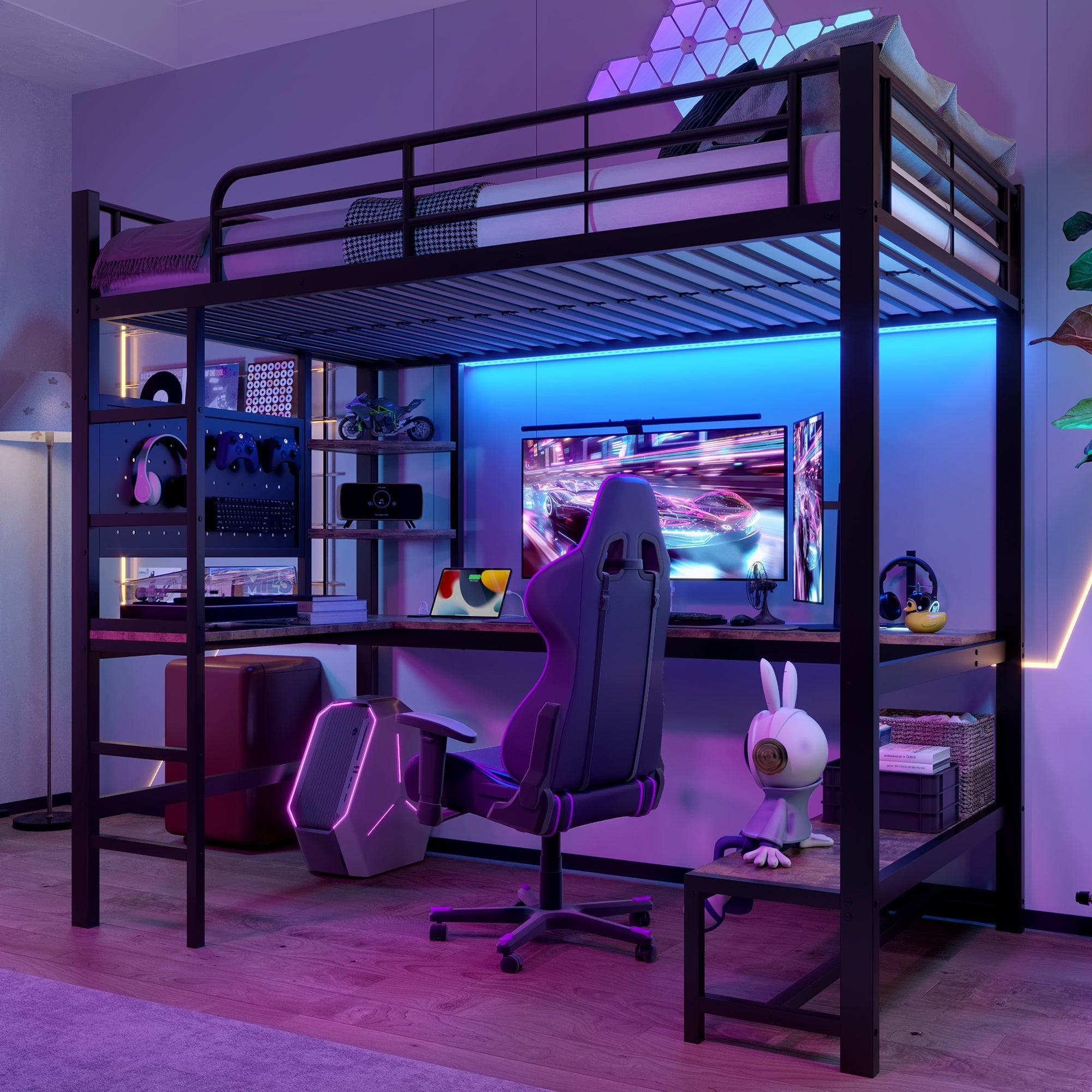 Loft Bed with Desk, Shelves, USB Sockets and LED Strip, Black Iron Frame