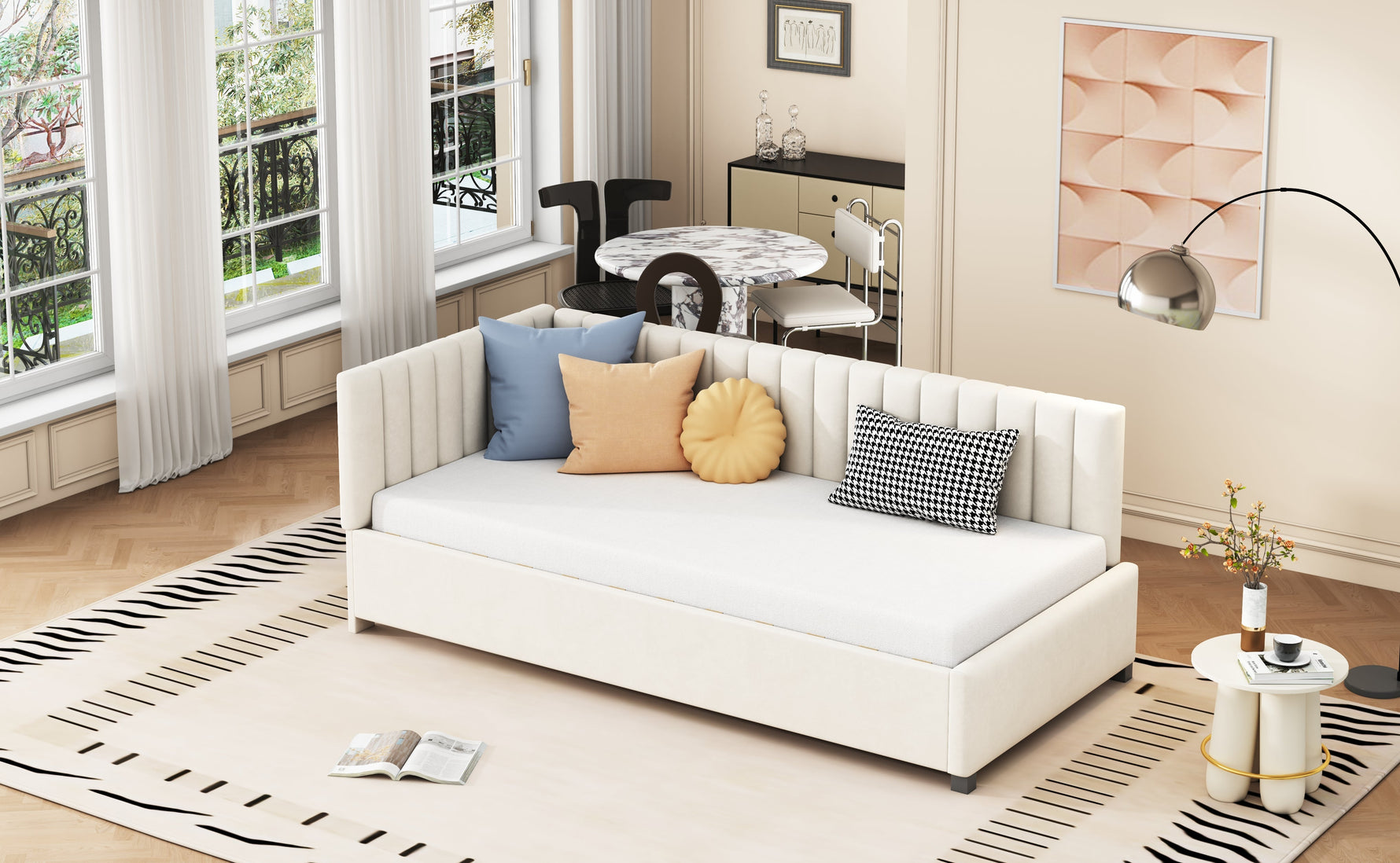 Upholstered Bed Sofa Bed, 90x200 Multifunctional with Slatted Frame, Beige Velvet Fabric