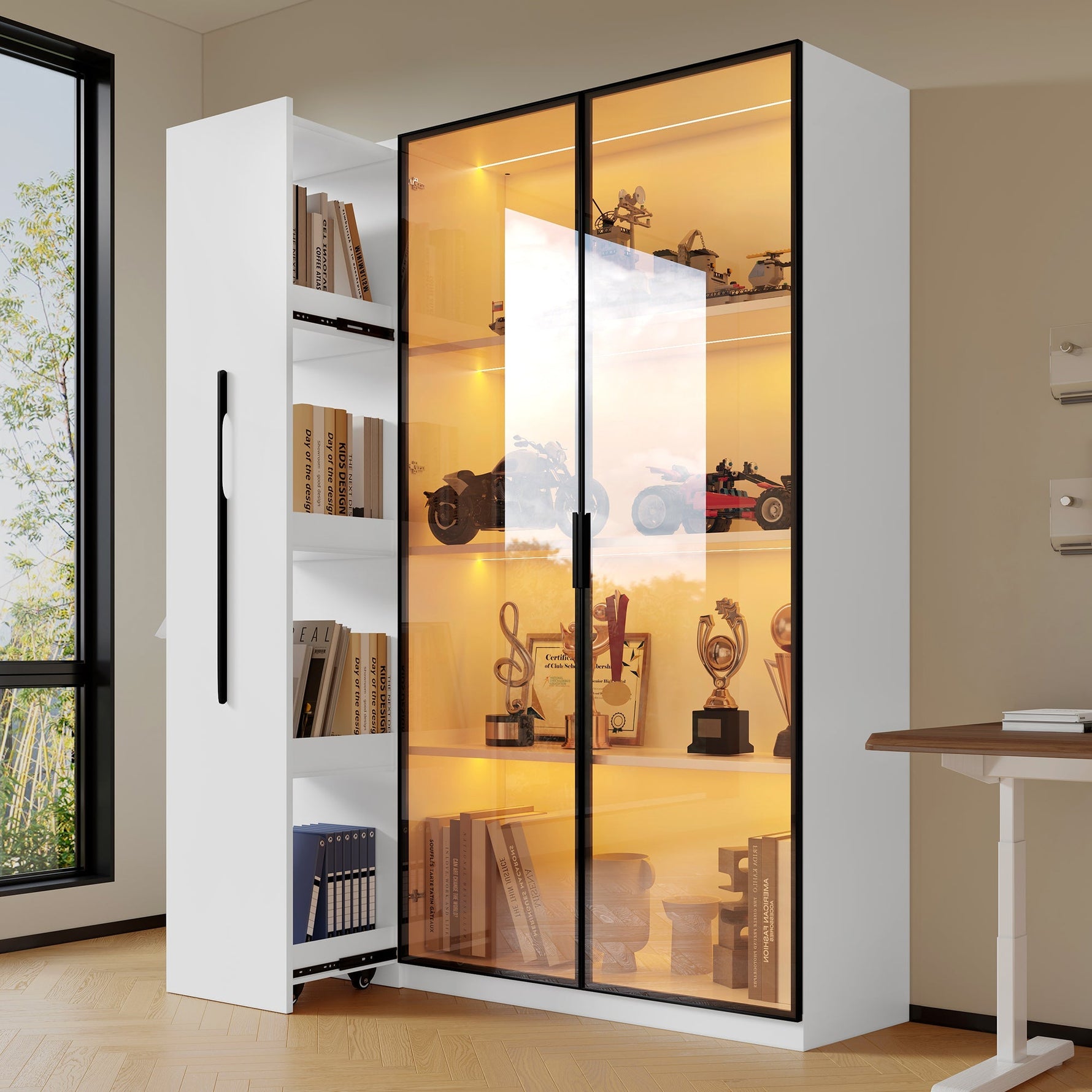 Multifunctional Cabinet with Glass Door, LED Lighting and Side Pull-out, Amber Glass and MDF