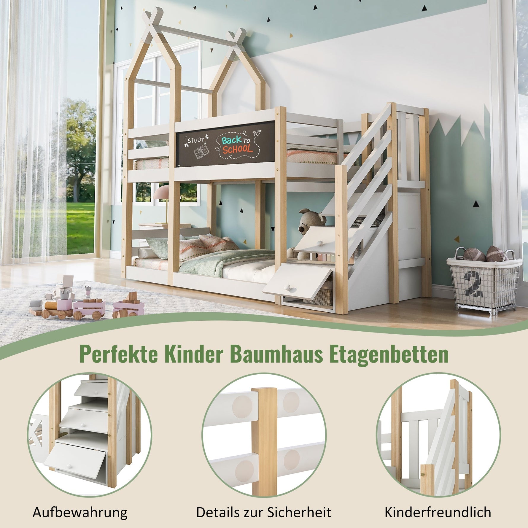 Bunk Bed 90x200, Treehouse Design with Blackboard, Storage, Fall Protection, Loft Bed for Kids, 2x Slatted Frames - Natural & White