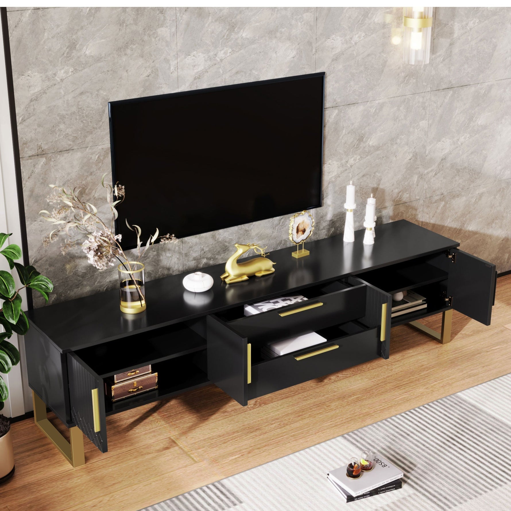TV Cabinet High-Gloss Engraved Door Storage Gold Handles/Feet