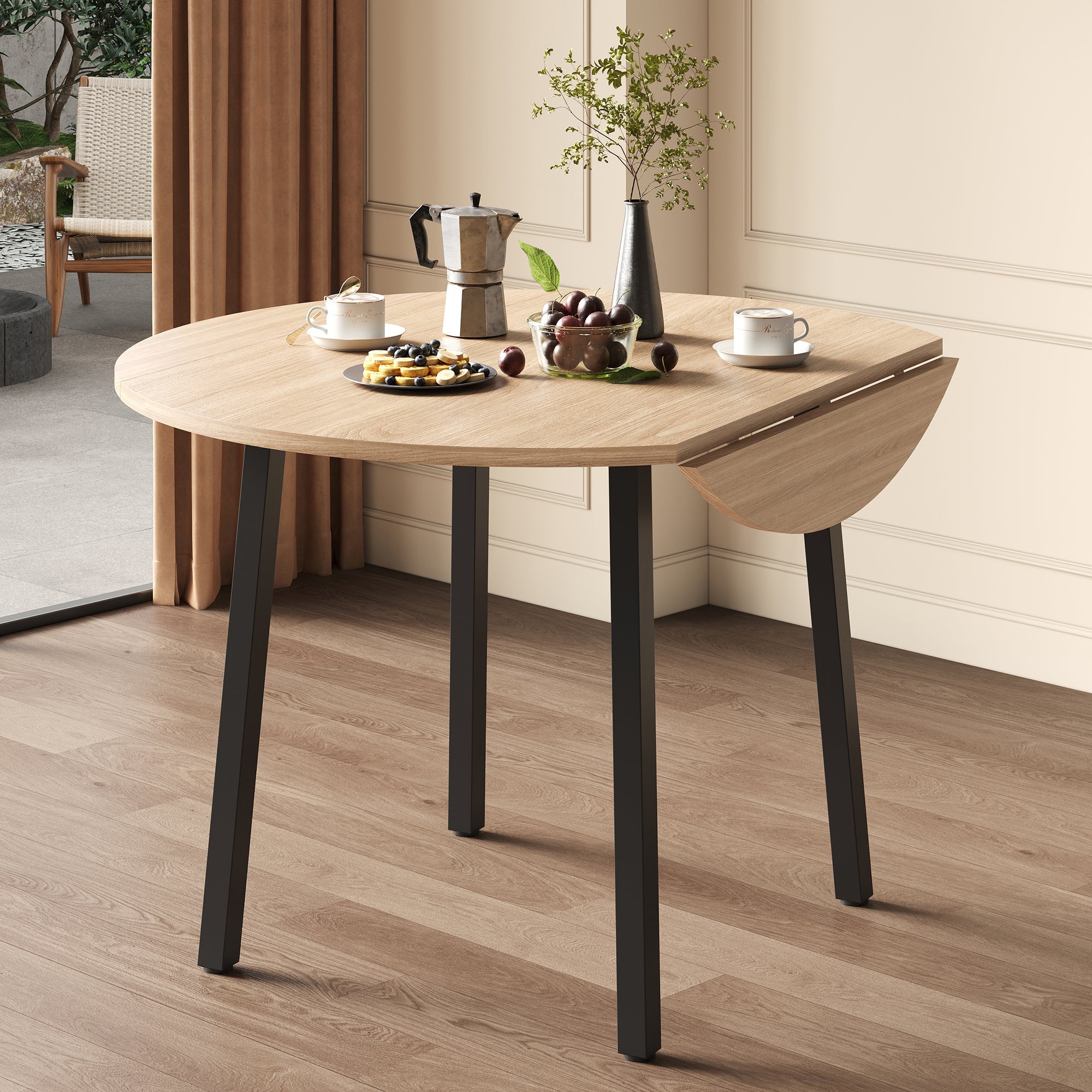 Folding Dining Table, Round 100x100cm, 2-4 Person, Metal Legs, Folding Top, Oak Color