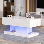High-gloss Lift-up Tea Table, LED Coffee Table, 100x50x45 cm with Storage, White