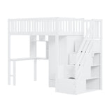Loft Bed with Wardrobe, Shelf, Table & Storage Stairs, Wooden, White