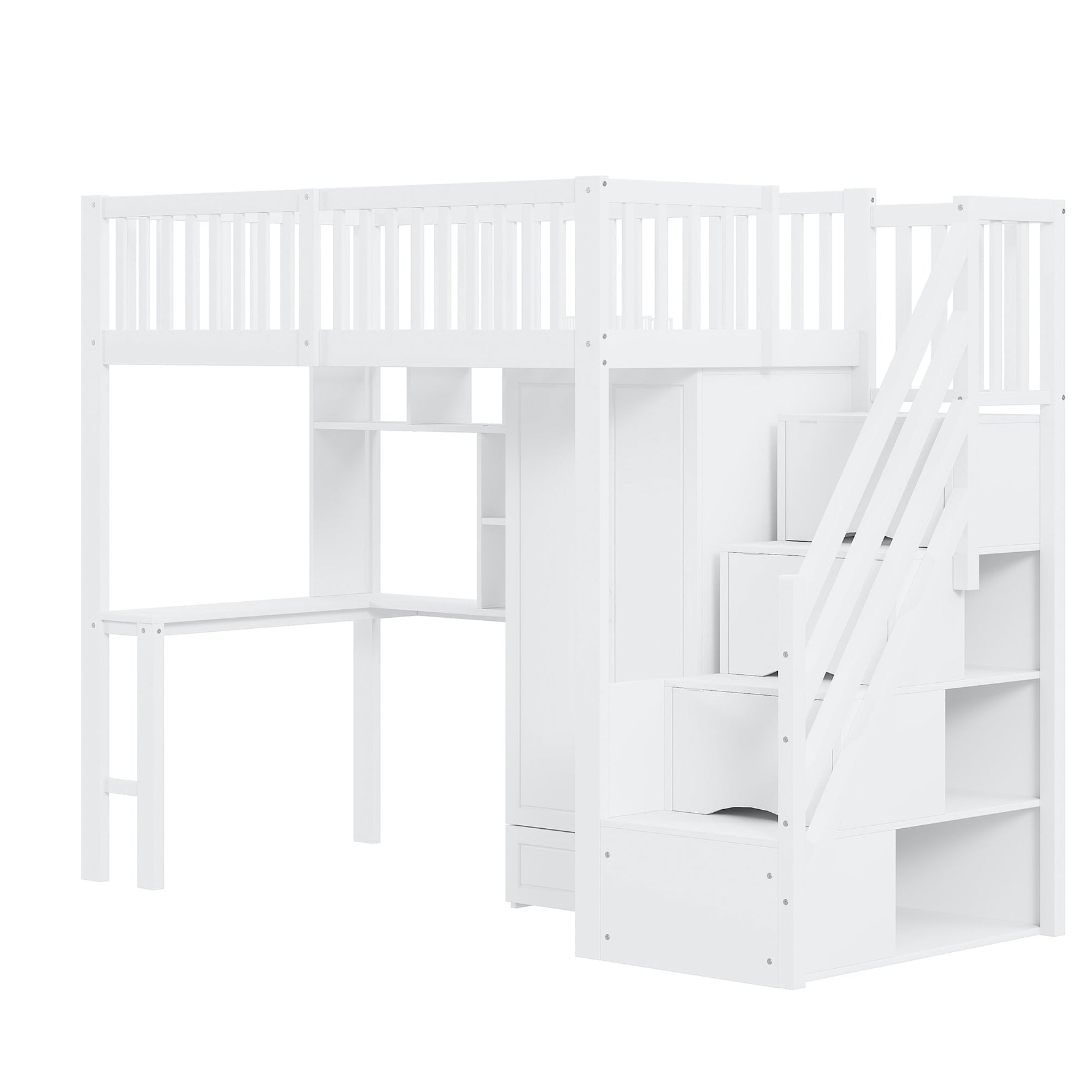 Loft Bed with Wardrobe, Shelf, Table & Storage Stairs, Wooden, White