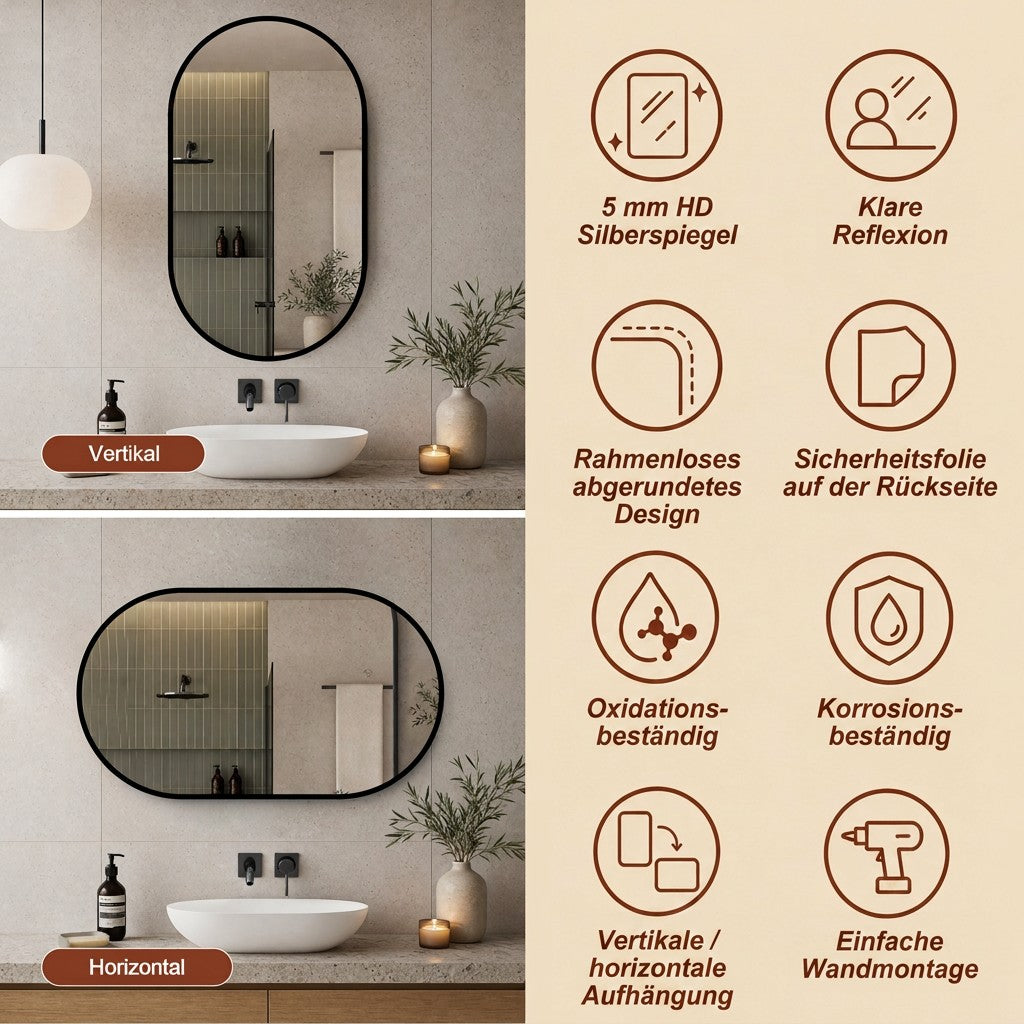 Arch Wall Mirror 60x90 cm HD Copper-Free, Black Aluminum Frame