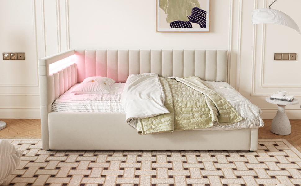 Upholstered Sofa Bed 90x200 with LED & Storage, Velvet, Beige
