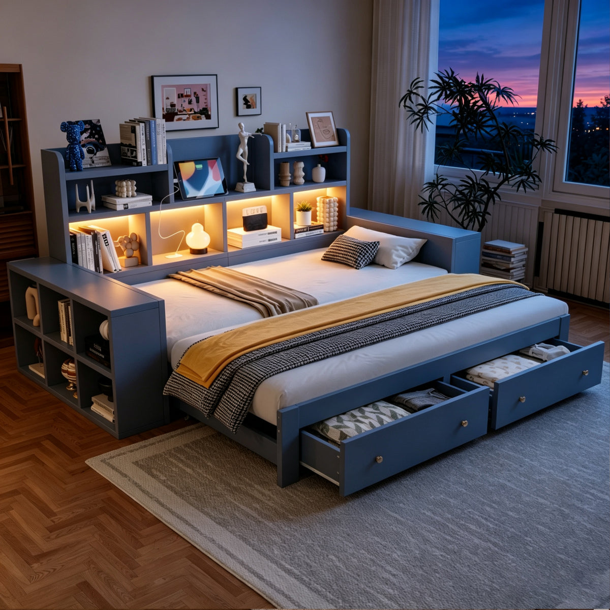 Extendable Sofa Bed 90/180x200cm with Storage & LED, Grey Wood