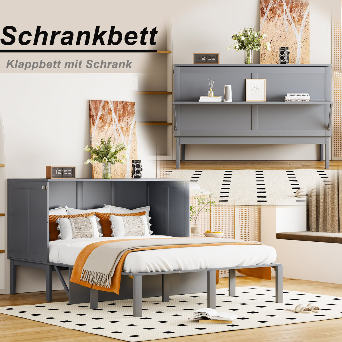 Wall bed 140x200cm with Slatted Base, Folding Vertical Youth Bed, Grey