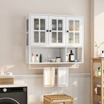 Bathroom Wall Cabinet, 3-Door Wooden with Open/Hidden Storage & Towel Bar, White