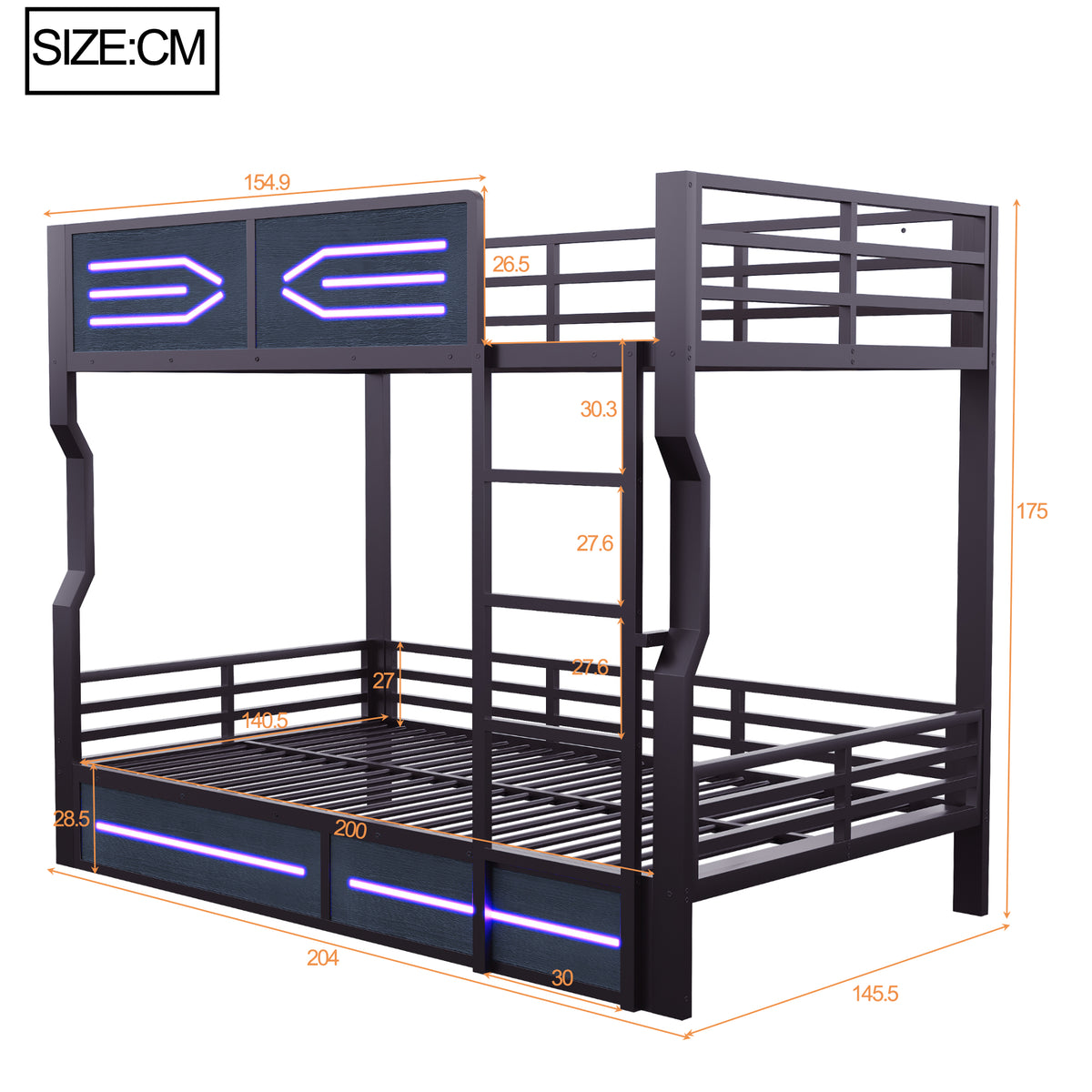 Loft Bed 140x200cm with LED Lighting, Black Iron
