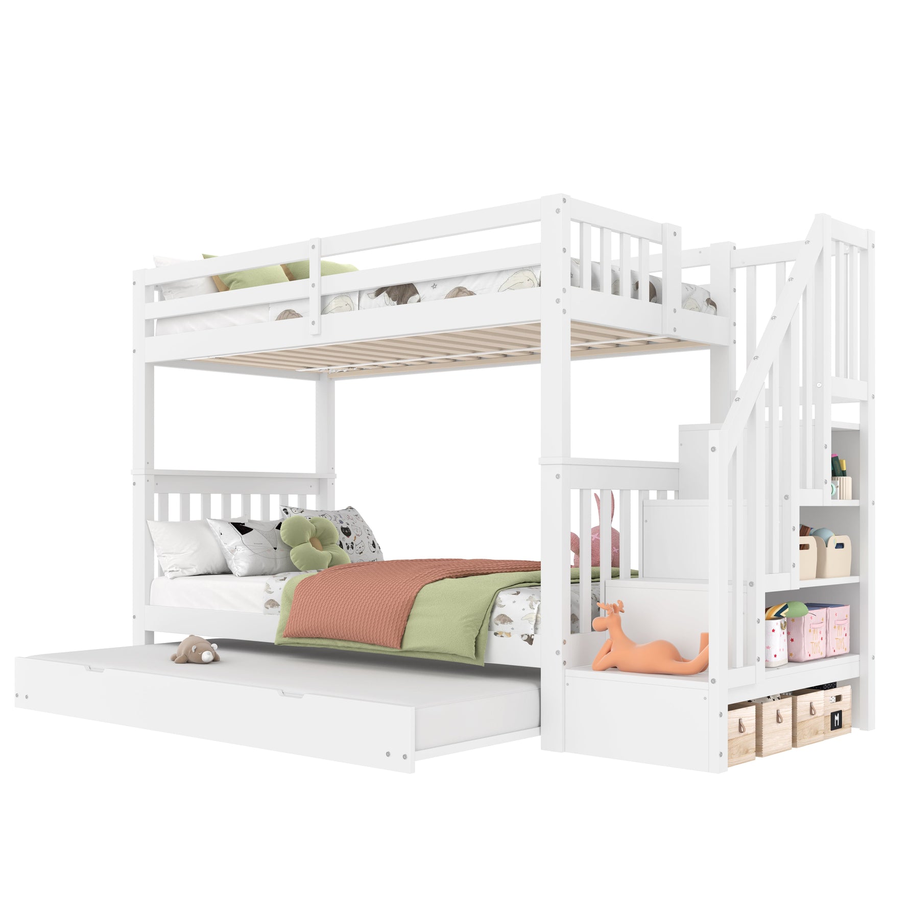 Bunk Bed with Stair Shelf and Pull-out Trundle Bed, 90x200cm, White